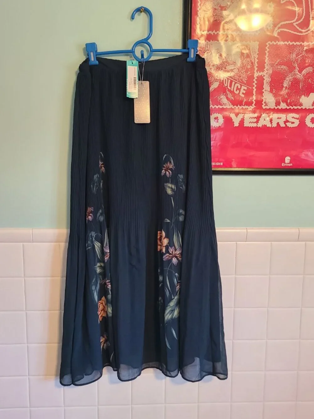Daniel Rainn Teal Floral Pleated Midi Skirt Women's Size Large NWT